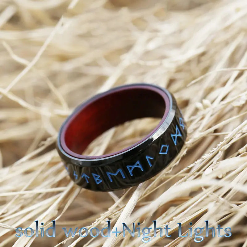 Runes Engraved With Rosewood Stainless Steel Ring VRAFI