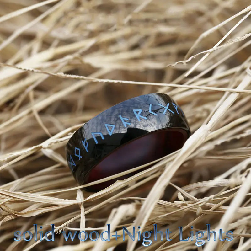 Runes Engraved With Rosewood Stainless Steel Ring VRAFI