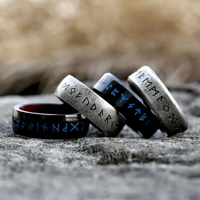 Runes Engraved With Rosewood Stainless Steel Ring VRAFI