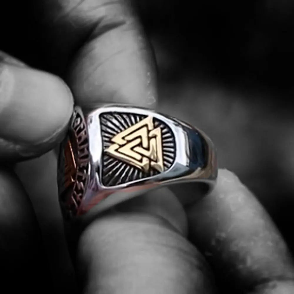 Runes Valknut Triangle Stainless Steel Ring - Vrafi Jewelry