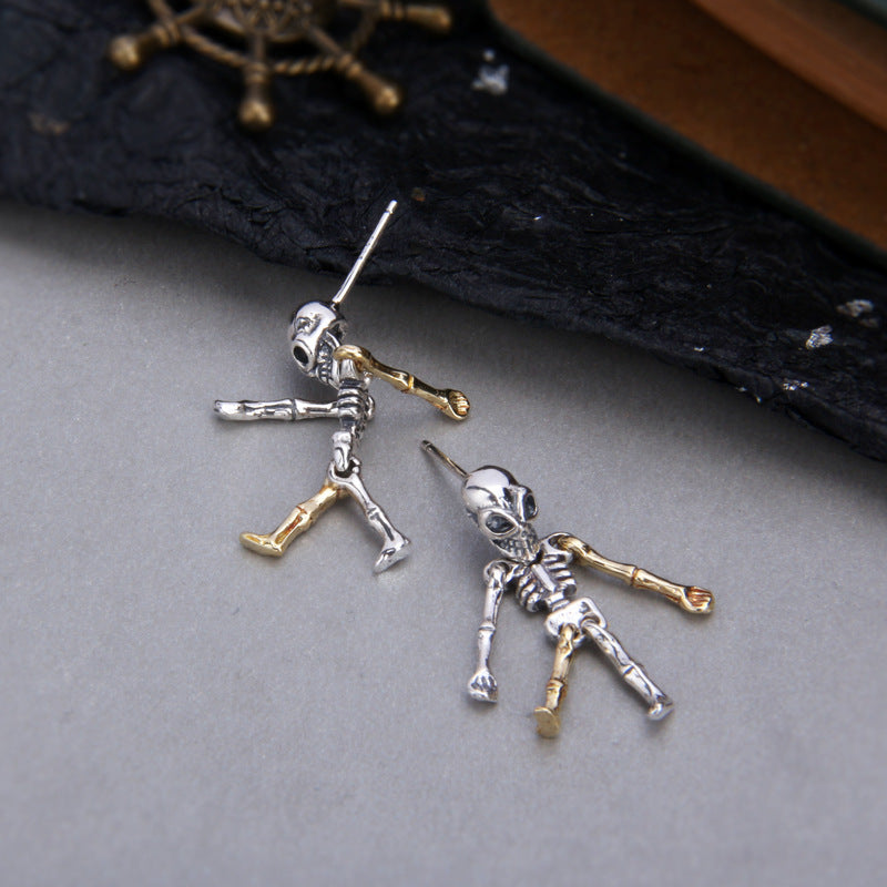 Sterling Silver Movable Alien Skull Skeleton Earrings