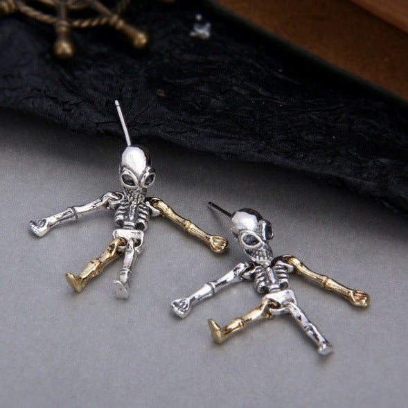 Sterling Silver Movable Alien Skull Skeleton Earrings