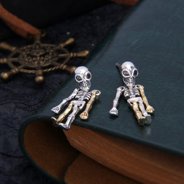 Sterling Silver Movable Alien Skull Skeleton Earrings