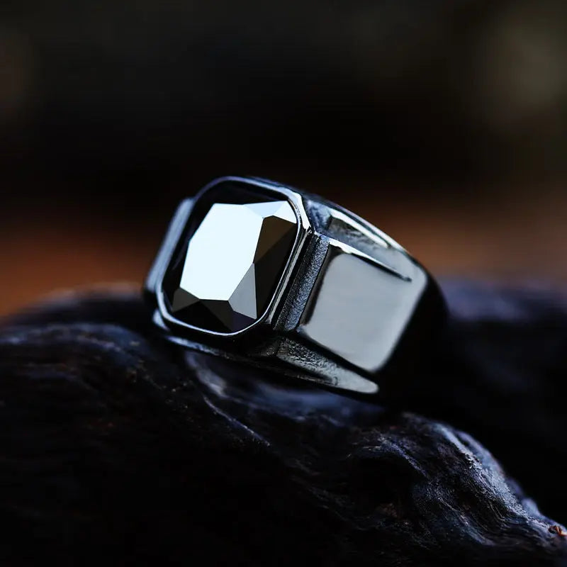 Scissor Cut Gemstone Black Band Stainless Steel Ring VRAFI