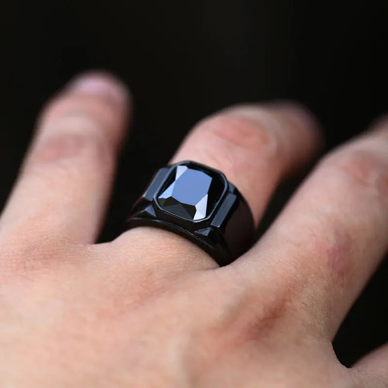 Scissor Cut Gemstone Black Band Stainless Steel Ring VRAFI
