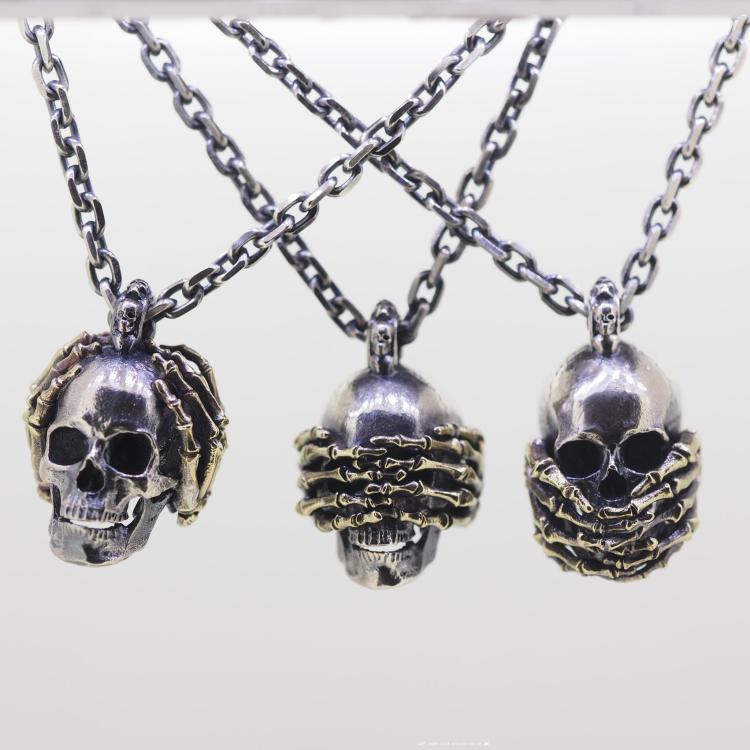 See No Evil Hear No Evil Speak No Evil Skull Pendant Necklace