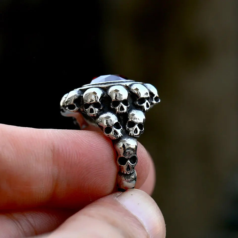 Skull Band Gemstone Inlaid Stainless Steel Ring - Vrafi Jewelry