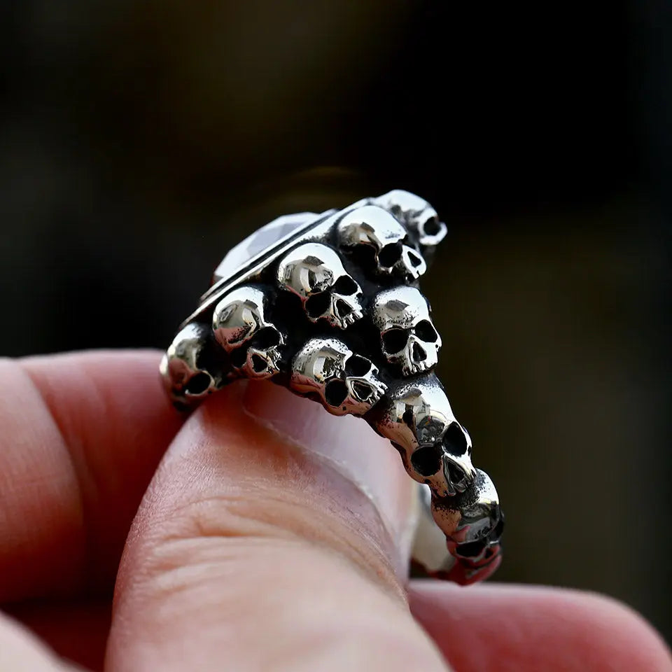 Skull Band Gemstone Inlaid Stainless Steel Ring - Vrafi Jewelry