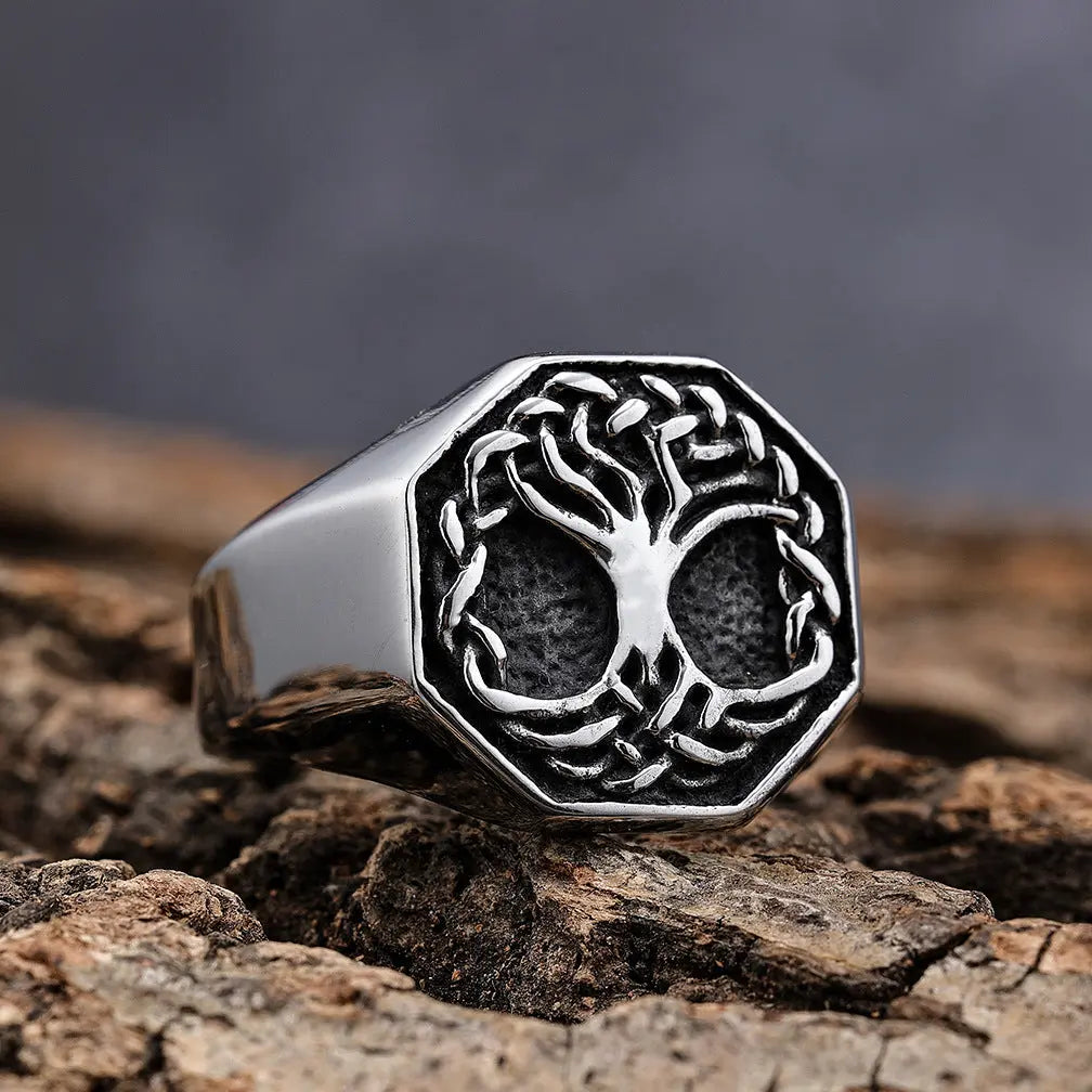 Solid Octagon Yggdrasill Stainless Steel Ring - Vrafi Jewelry