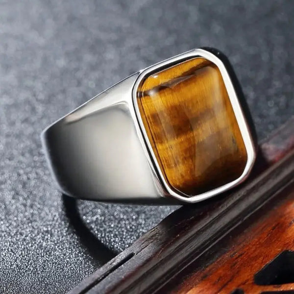 Square Tiger-Eye Stainless Steel Ring - Vrafi Jewelry