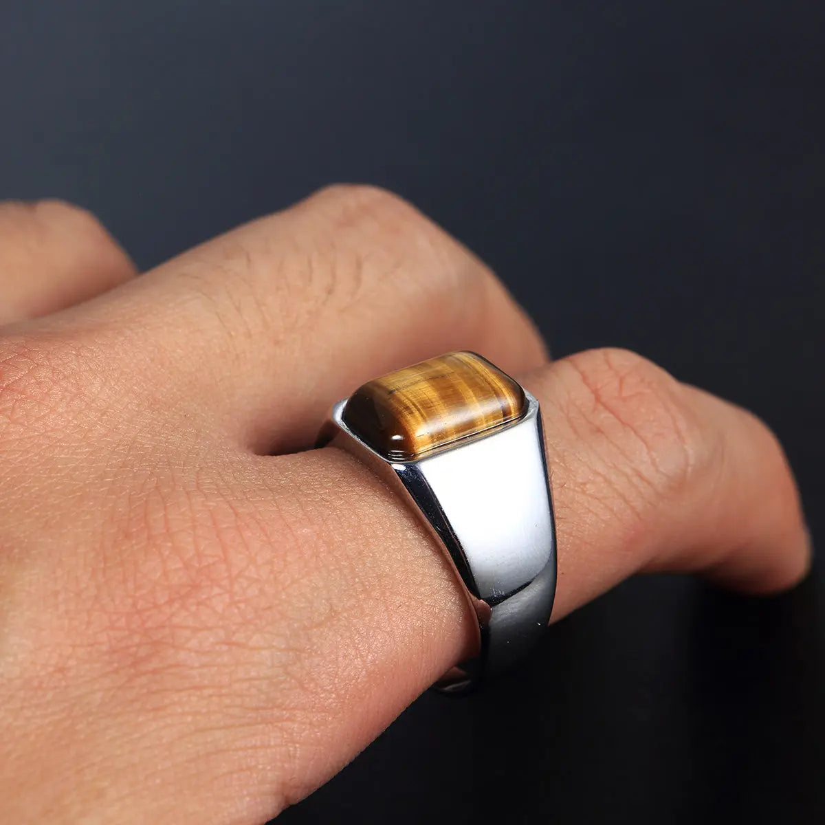 Square Tiger-Eye Stainless Steel Ring VRAFI