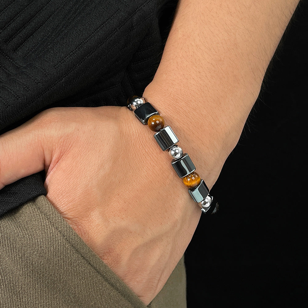 Stainless Steel Bead Hematite, Tiger Eye & Map Stone Bracelet