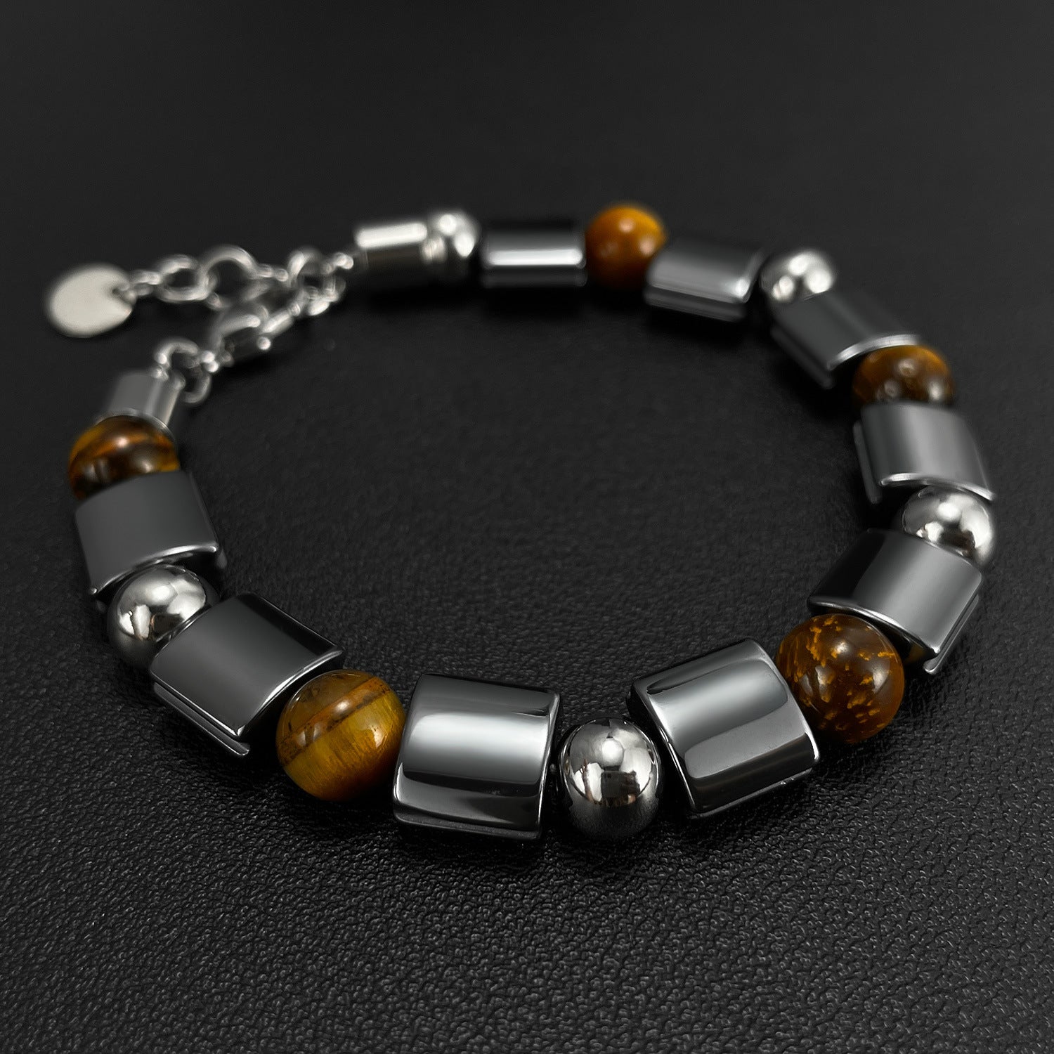 Stainless Steel Bead Hematite, Tiger Eye & Map Stone Bracelet