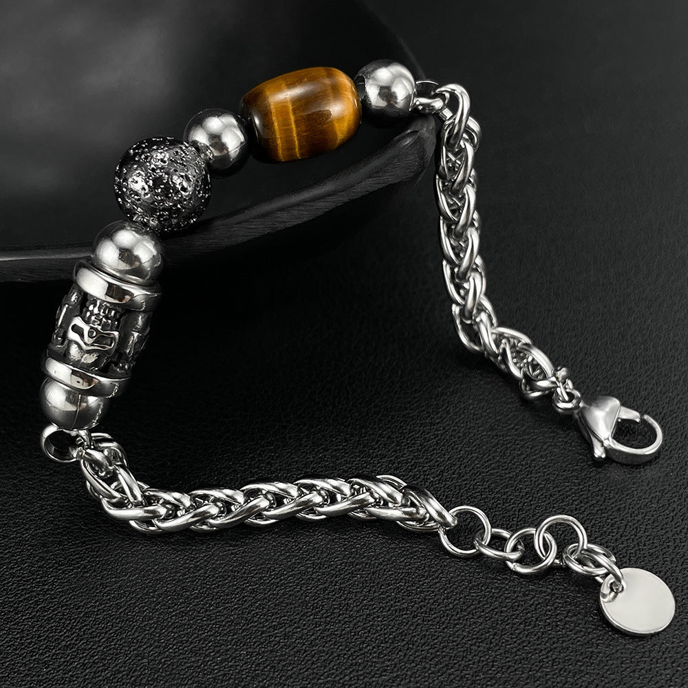 Stainless Steel Skull & Tiger Eye Bead Bracelet