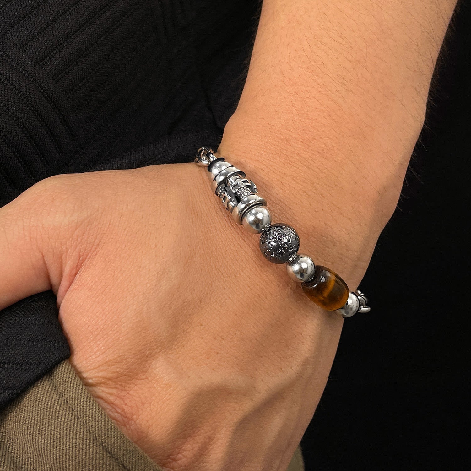 Stainless Steel Skull & Tiger Eye Bead Bracelet