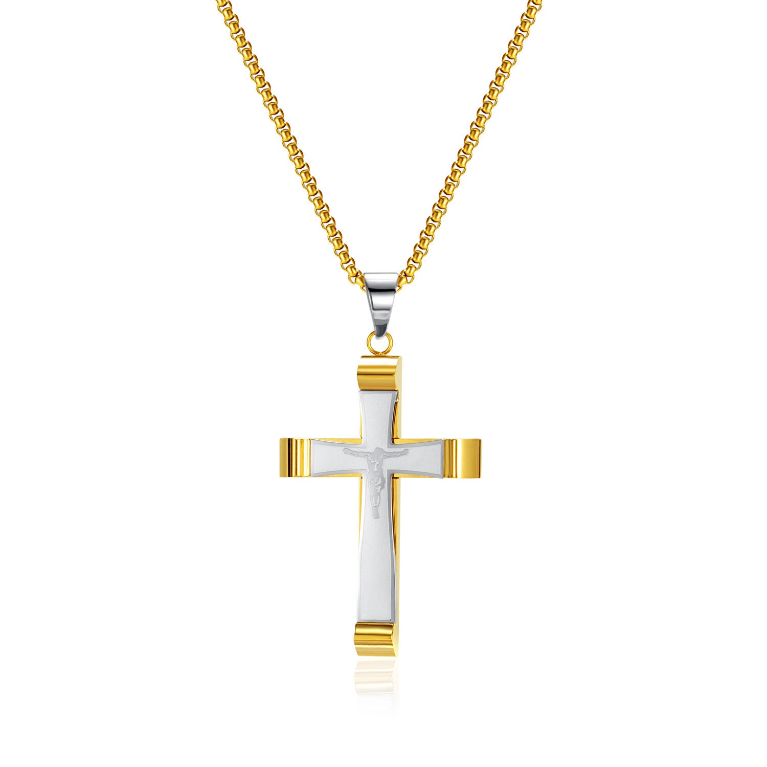 Stainless Steel Two-Tone Cross Pendant Necklace