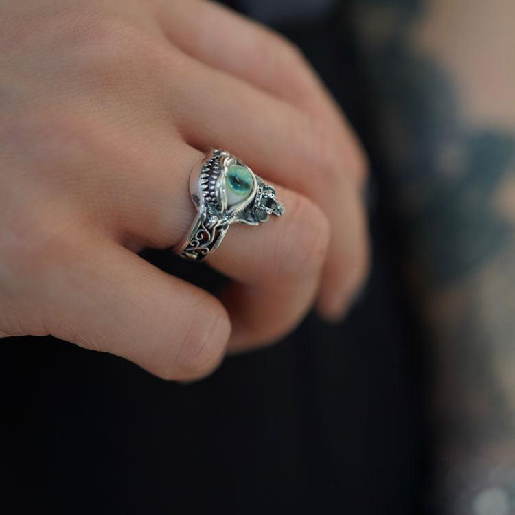 Sterling Silver Green Eye Open Ring