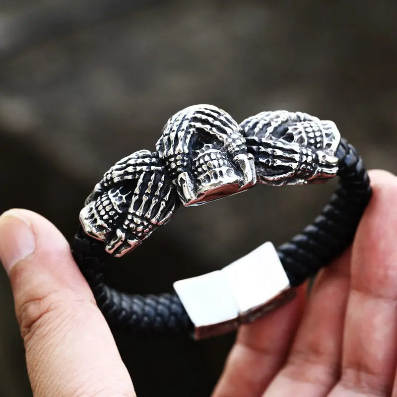 Three Wise Leather Skull Bracelet VRAFI