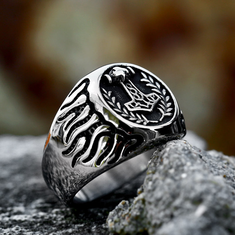 Thor's Hammer Flame Stainless Steel Ring-Vrafi Jewelry