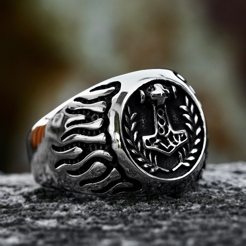 Thor's Hammer Flame Stainless Steel Ring-Vrafi Jewelry