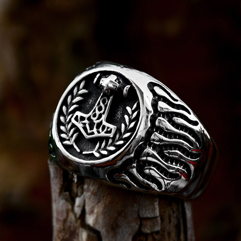 Thor's Hammer Flame Stainless Steel Ring-Vrafi Jewelry