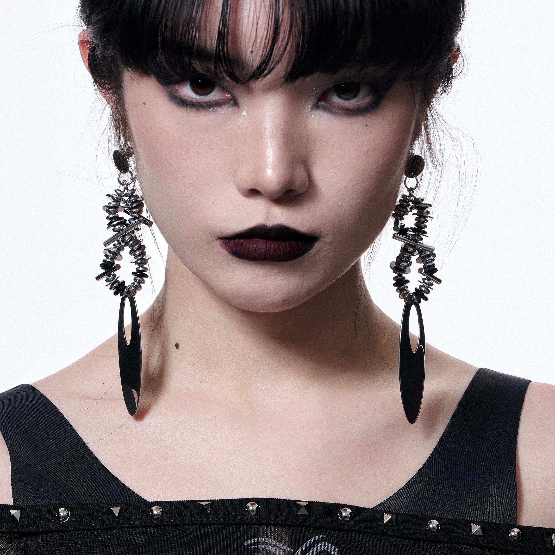 Titanium Steel Black Gallstone Long Earrings
