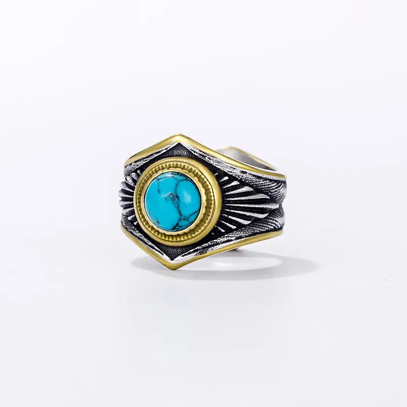 Turquoise Stone Feather Texture Stainless Steel Ring VRAFI