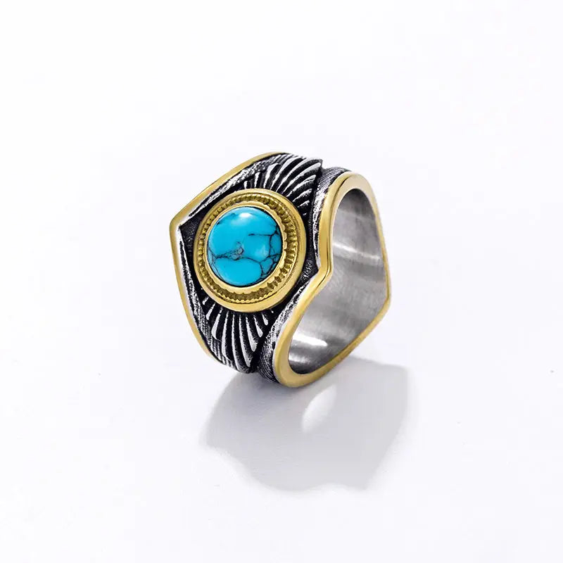 Turquoise Stone Feather Texture Stainless Steel Ring VRAFI