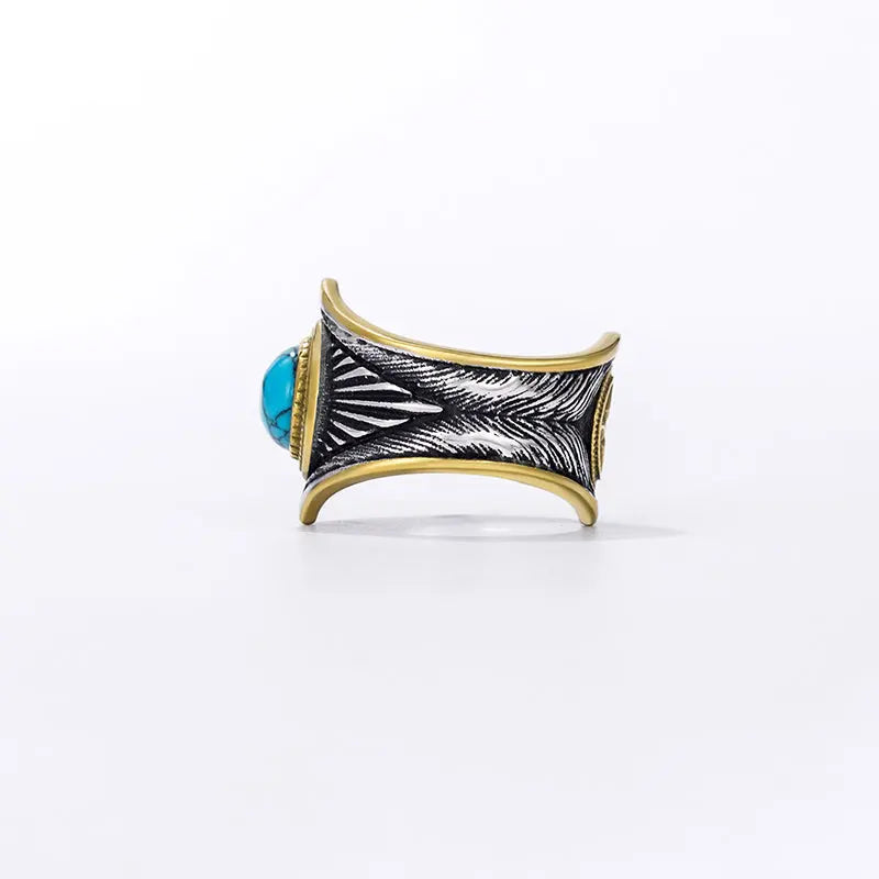 Turquoise Stone Feather Texture Stainless Steel Ring VRAFI