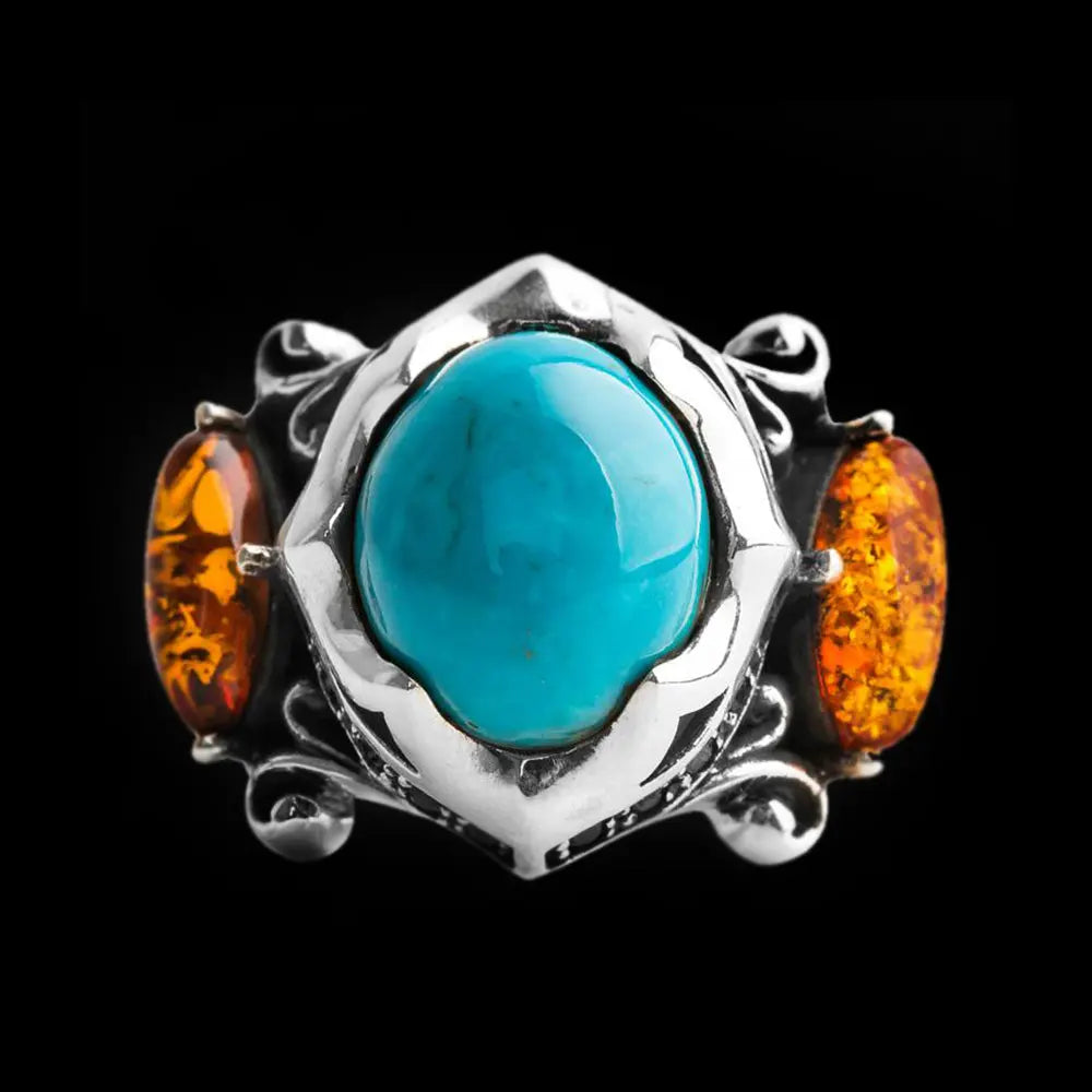 Turquoise & Amber Sterling Silver Ring VRAFI