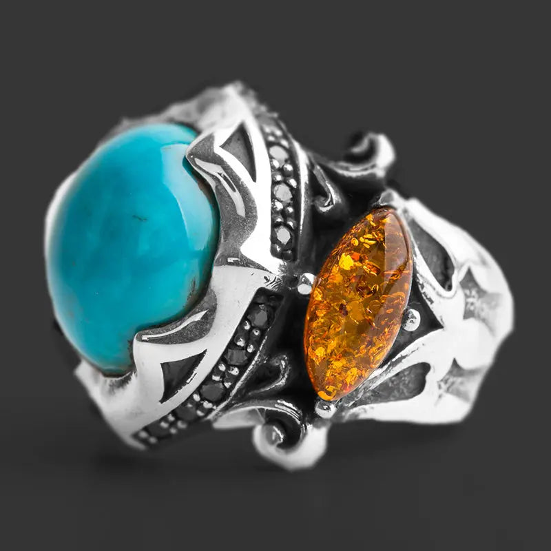 Turquoise & Amber Sterling Silver Ring VRAFI