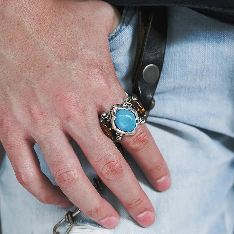 Turquoise & Amber Sterling Silver Ring VRAFI