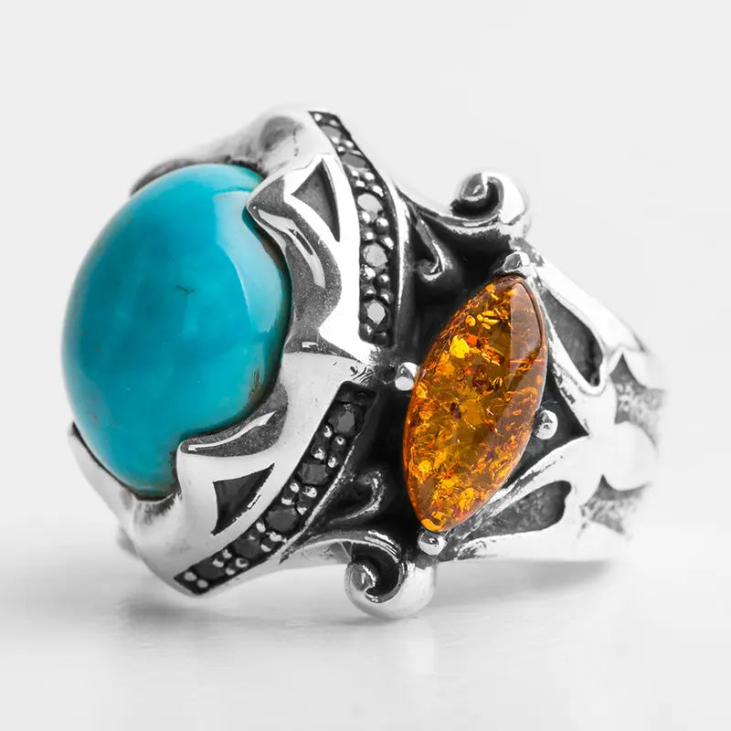 Turquoise & Amber Sterling Silver Ring VRAFI