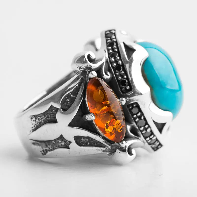 Turquoise & Amber Sterling Silver Ring VRAFI