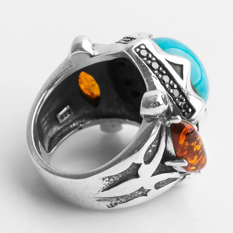 Turquoise & Amber Sterling Silver Ring VRAFI