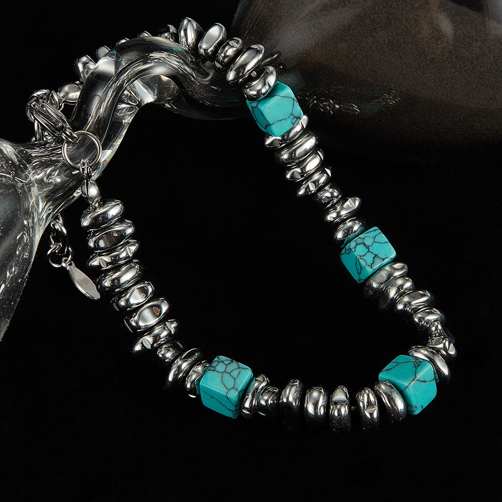 Turquoise and Black Agate Beaded Bracelet