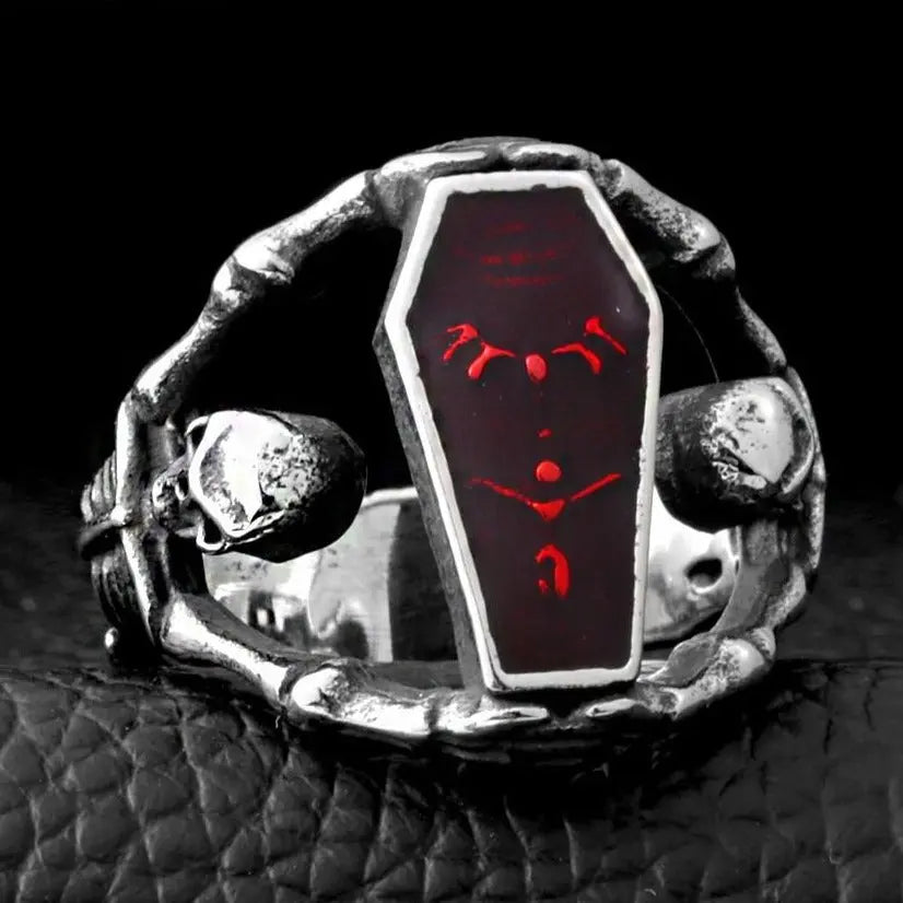 Vampire Coffin Stainless Steel Ruby Ring VRAFI