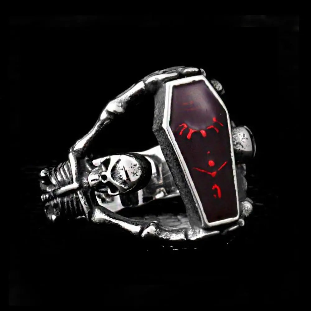 Vampire Coffin Stainless Steel Ruby Ring VRAFI