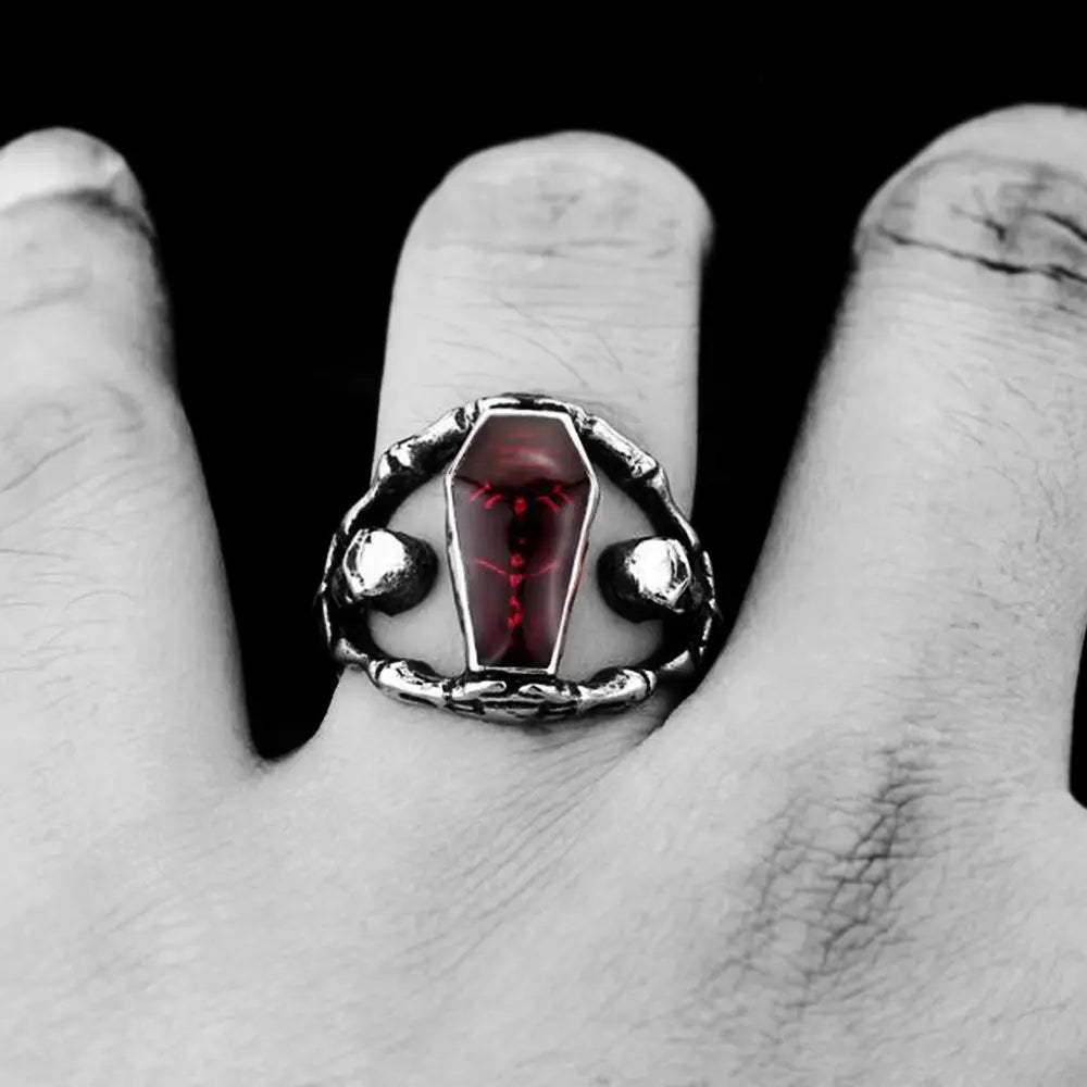 Vampire Coffin Stainless Steel Ruby Ring VRAFI