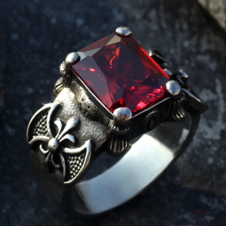 Viking Warrior Axe Gemstone Inlaid Ring VRAFI