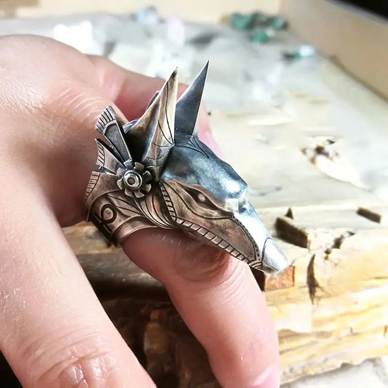 Vintage Egyptian Anubis God Wolf Head Ring - Vrafi Jewelry