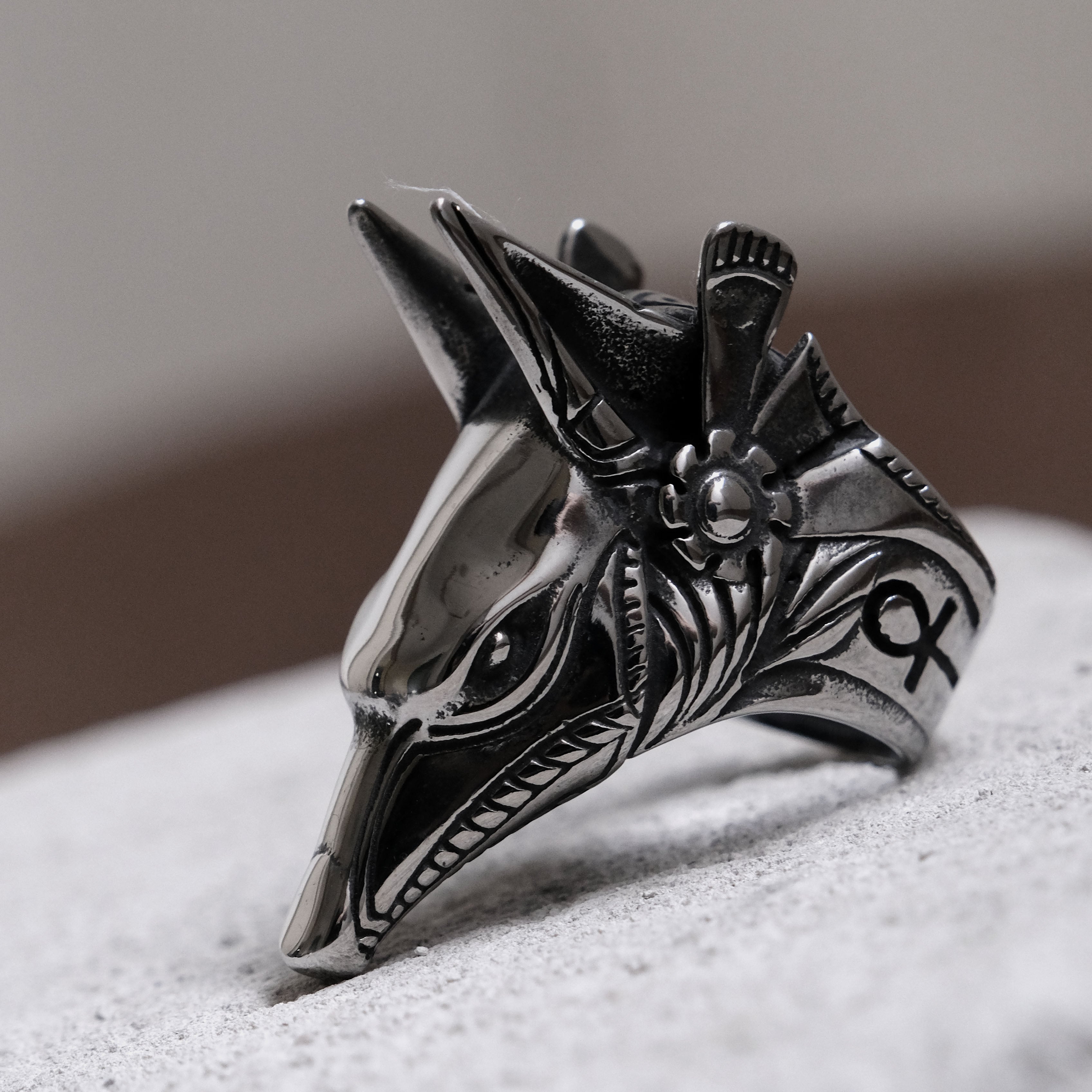 Vintage Egyptian Anubis God Wolf Head Ring