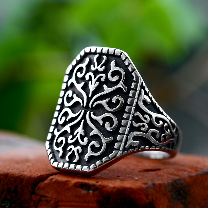Vintage Finely Carved Floral Stainless Steel Ring-Vrafi Jewelry