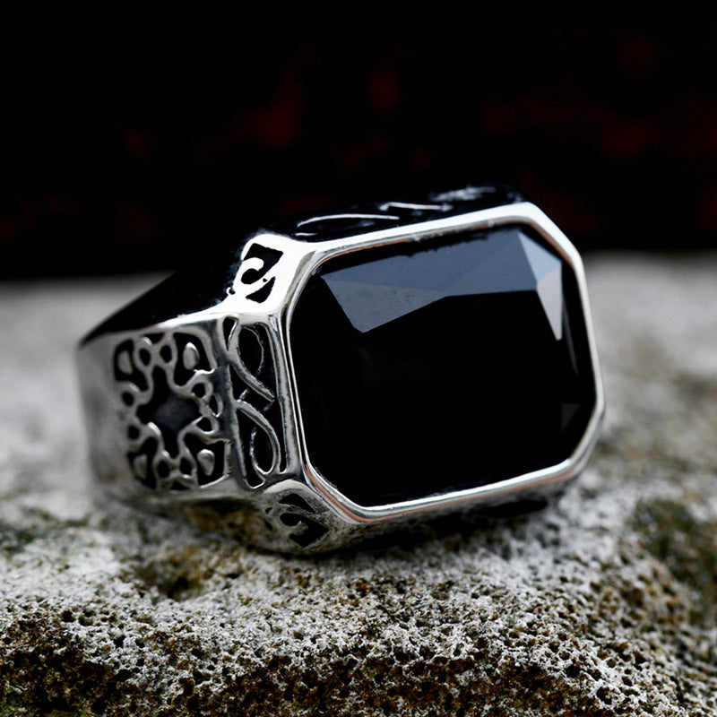 Vintage Obsidian Stainless Steel Ring-Vrafi Jewelry