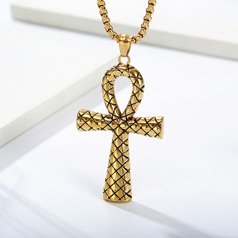 Vintage Snake Patterned Egyptian Ahkh Cross Stainless Steel Pendant