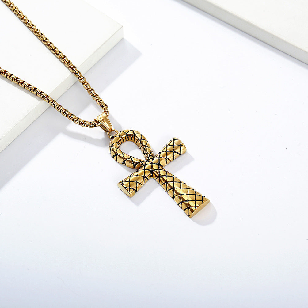 Vintage Snake Patterned Egyptian Ahkh Cross Stainless Steel Pendant