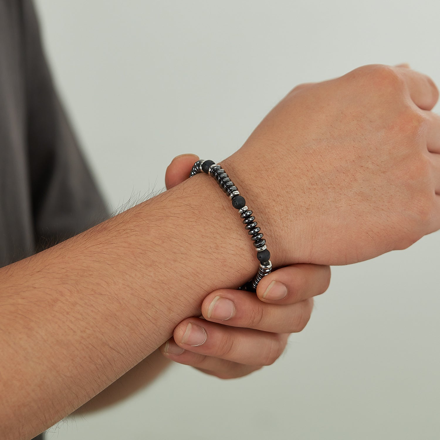 Volcanic Rock Hematite Stainless Steel Bracelet