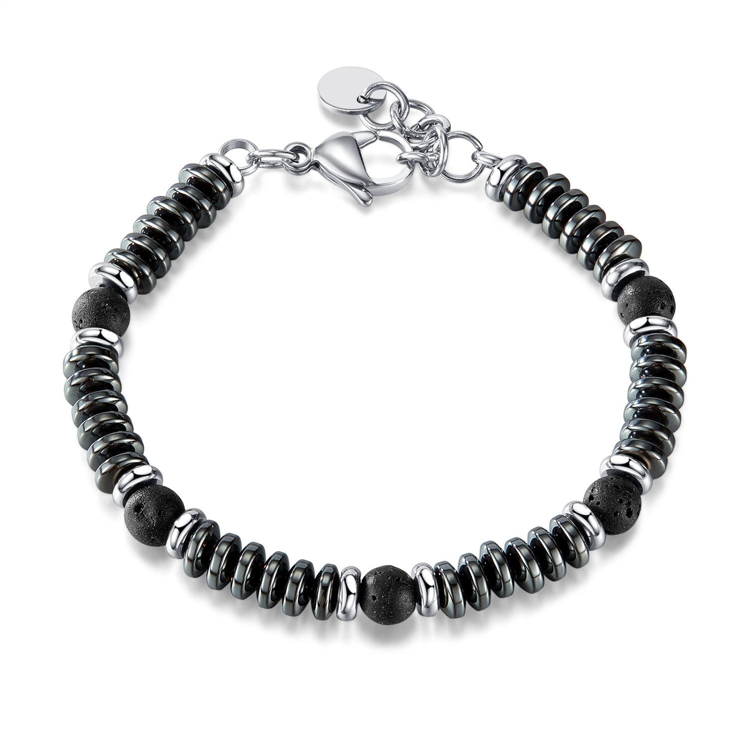 Volcanic Rock Hematite Stainless Steel Bracelet