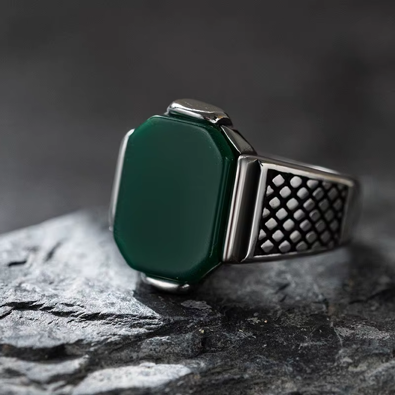 Rectangular Gemstone Grid Band Stainless Steel Ring