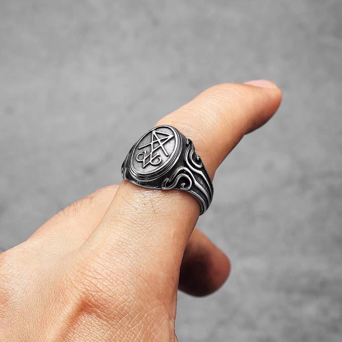 Sigil of Lucifer Scrollwork Stainless Steel Ring